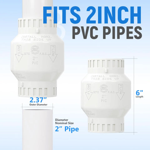 2 Inch PVC Check Valve With Solvent Connections For Backflow Prevention Schedule 40 Stainless Steel Spring Loaded Valve, fits 2 Inch Pipes.