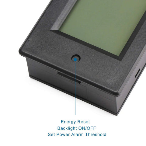 Close-up of Portable Digital Multimeter For DC 8 To 100V And 20A Power And Energy Meter with LCD display featuring control buttons.