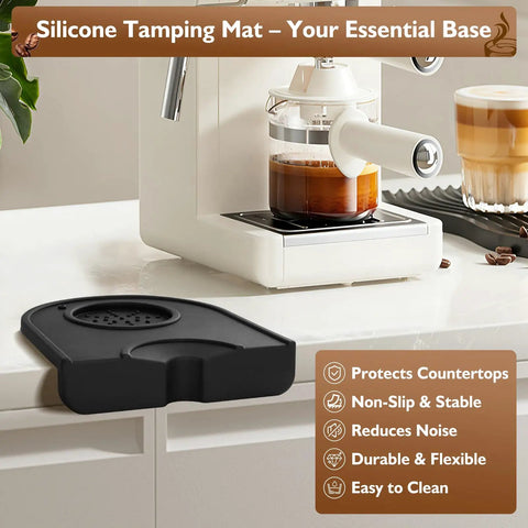 Silicone tamping mat on kitchen counter, essential for espresso prep, part of the Bad Ass Home Barista Essential Kit Includes 58mm Spring Loaded Tamper Magnetic Wdt Tool Dosing Funnel And Silicone Tamping Mat For Sick Espresso Shots You Crave Daily.