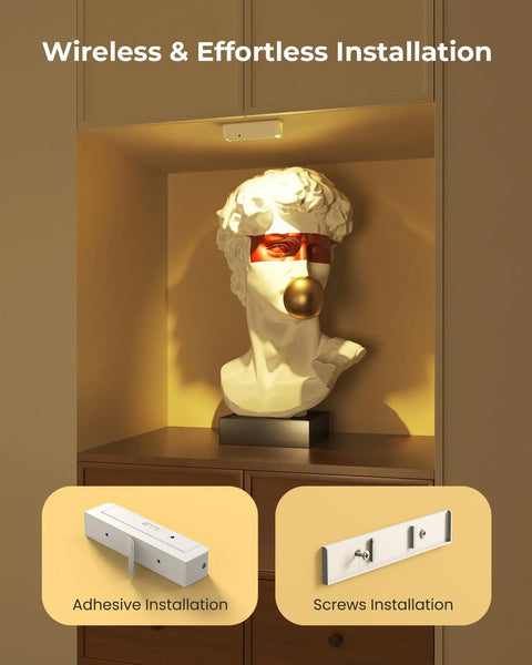 Rechargeable Indoor LED Spotlight Kit With Smart Auto Timer 5500mAh Battery highlighting artwork on a shelf