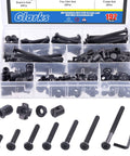 192 Piece M6 Hardware Kit For Wood Furniture And Cabinetry DIY Ready All In One Set Includes Hex Socket Cap Screws In 20 30 40 50 60 70 80mm Barrel Nuts Threaded Inserts T Nuts Flange Nuts And Allen Wrench For Beds Cribs And More displayed in an open plastic organizer showing various black fasteners and a wrench.