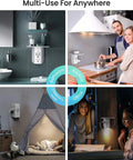Wall Outlet Extender With Shelf And Night Light Surge Protector shown in bathroom, kitchen, child's room, and office settings.