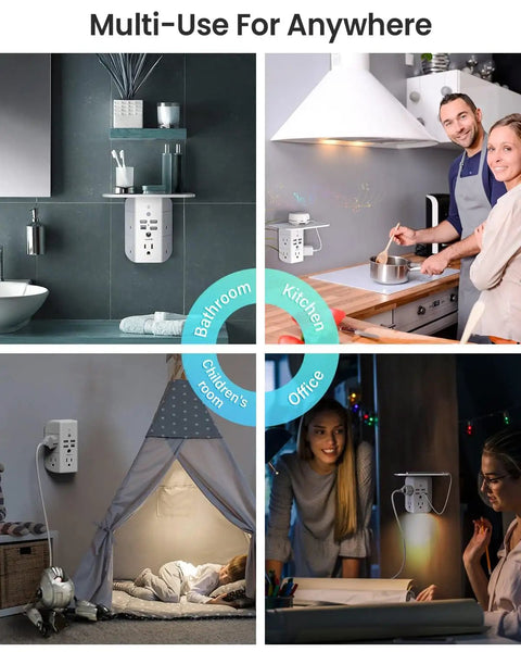 Wall Outlet Extender With Shelf And Night Light Surge Protector shown in bathroom, kitchen, child's room, and office settings.