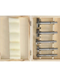 Front view of a 5-piece hinge drill bit set in a wooden storage box with metal bits and foam padding