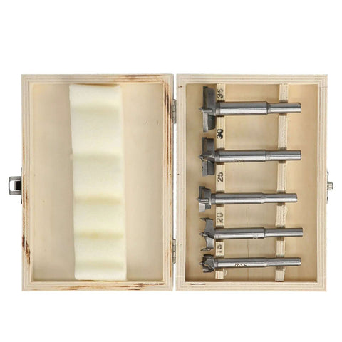 Front view of a 5-piece hinge drill bit set in a wooden storage box with metal bits and foam padding
