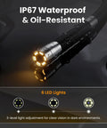 Rock Solid Two Way Articulating Borescope With Bright Led Lamp And Kickass Flexible Snake Cable For Gritty Under Car Engine Diagnostics, showing led lights and waterproof design.