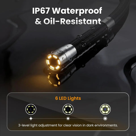 Rock Solid Two Way Articulating Borescope With Bright Led Lamp And Kickass Flexible Snake Cable For Gritty Under Car Engine Diagnostics, showing led lights and waterproof design.