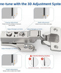 Heavy Duty Soft Close Concealed Cabinet Hinges 10 Pack Partial Overlay 105 Degree showing 3D adjustment features for perfect door alignment.