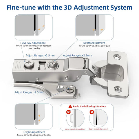 Heavy Duty Soft Close Concealed Cabinet Hinges 10 Pack Partial Overlay 105 Degree showing 3D adjustment features for perfect door alignment.