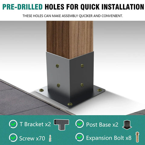 4 Pack T Shape Pergola Bracket Kit With Post Base For 4x4 Beams 3.5x3.5, Elevated Wood Stand, Heavy Duty Outdoor Patio Gazebo Sheds Construction, Easy Install, Weatherproof Support