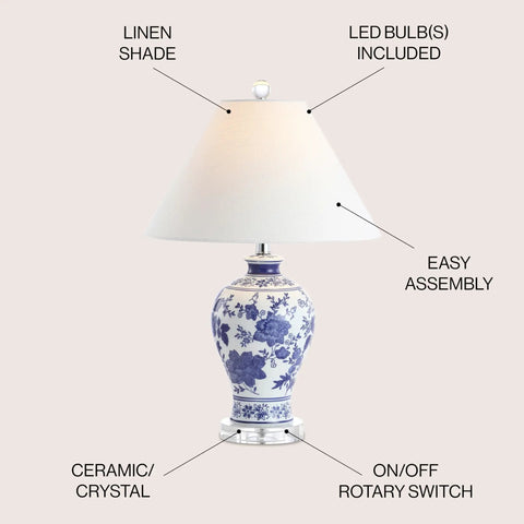 Blue And White Chinoiserie Floral Ceramic Table Lamp With Crystal Base And White Linen Shade Classic Vase Style Living Room Lighting With A Lit Vibe LED Bulb Included ETL Listed, showing design details and features.