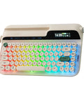Dope Wireless Retro Typewriter Mechanical Keyboard With Screen And Smooth Rotary Knob Plus Premium Round Pbt Keycaps For Hot Swappable Switches And Custom Rgb Lighting alongside wrist rest in multicolor backlit design.