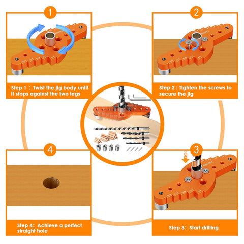 Instructional guide showing the Pro Grade Dowel Jig Kit for Floating Shelves and Hidden Brackets with One Half Inch Drill Bit in use.