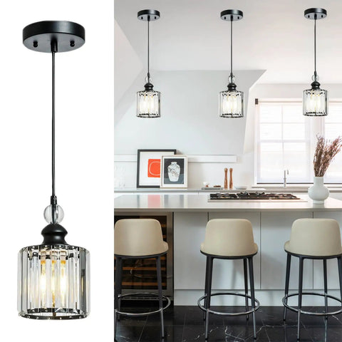 Matte Black Crystal Pendant Lights 3 Pack For Kitchen Island And Dining Room Industrial Adjustable Mini Glam Hanging Fixtures