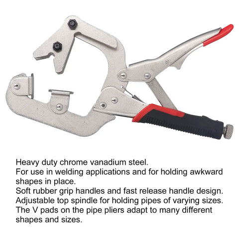 Heavy Duty Chrome Steel Welding Clamps With 270 Degree Rotating Jaws For Pipes 1-3 Inches, featuring rubber grip handles.