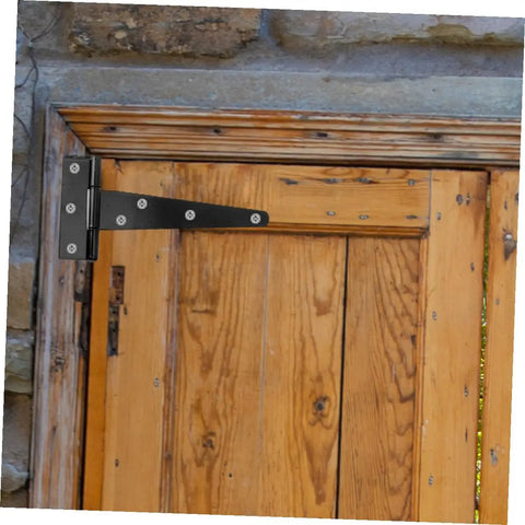 8 Pack 5 Inch Black Painted Galvanized T Shaped Weld On Hinges For Interior Doors Barn Doors And Screen Replacement Hardware Heavy Duty Door Cabinet Hinge Set installed on wooden door.