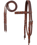 Western Full-Grain Leather Horse Headstall Bridle With Reins, braided oiled tan, adjustable cheeks, latigo tie ends, rust-resistant
