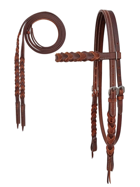 Western Full-Grain Leather Horse Headstall Bridle With Reins, Braided Oiled Tan, Adjustable Cheeks And Throat Latch