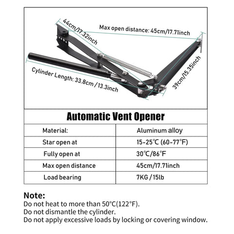 Diagram of Solar Powered Greenhouse Vent Opener Automatic Roof Vent Kit With Dual Spring Design showing dimensions and specifications.