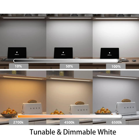 Smart Under Cabinet Lighting Kit Hardwired Or Plug In 12 Inch With White To Color Ambiance, Dimmable 2700K-6500K displayed in kitchen