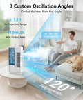 4 In 1 Personal Portable Air Conditioner And Humidifier with 120 Degree Oscillation showing airflow and mist rate next to couch