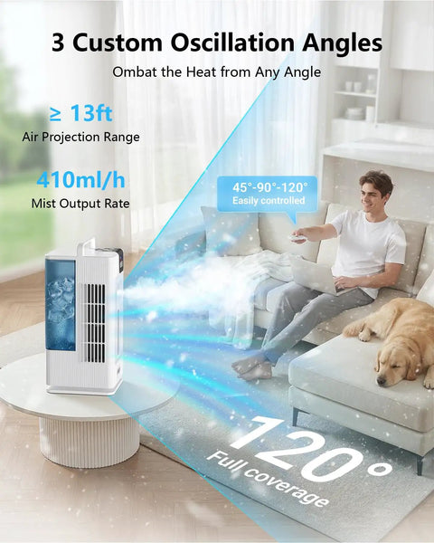 4 In 1 Personal Portable Air Conditioner And Humidifier with 120 Degree Oscillation showing airflow and mist rate next to couch