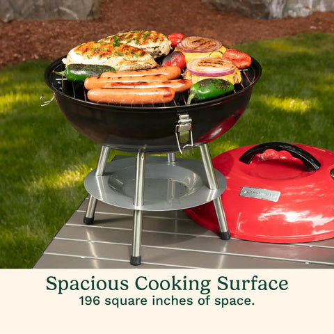 14 Inch Portable Charcoal Grill With Locking Lid And Dual Vents Lightweight Tabletop BBQ For Camping Tailgates And Cookouts Chrome Plated Grate Red Finish Easy To Carry And Quick To Clean with food on grill surface outdoors