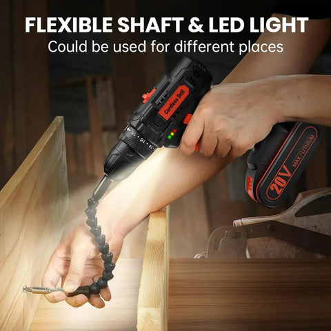 High Performance 20V Cordless Drill and Screwdriving Set with 2 Amp Hour Battery 42 Piece Kit includes flexible shaft and LED light.