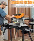 Built Tough Folding Miter Saw Stand Handles 440 Pounds Without Breaking A Sweat quick adjustments with miter saw setup in workshop.