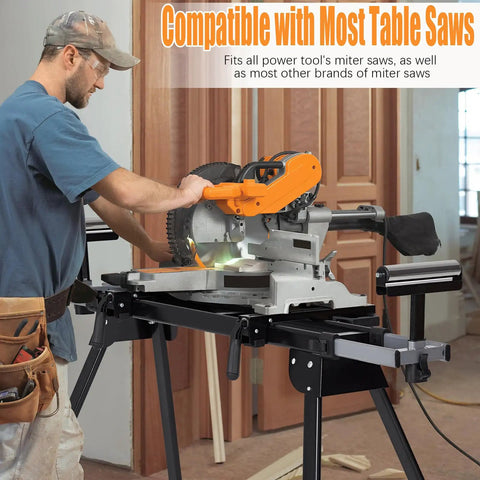 Built Tough Folding Miter Saw Stand Handles 440 Pounds Without Breaking A Sweat quick adjustments with miter saw setup in workshop.