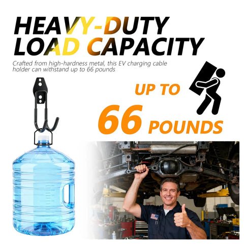 Heavy Duty EV Charger Holder Wall Mount With Non Slip J Hook, 66 Pound EV Cable Organizer Rack shown holding 66 lbs water jug.