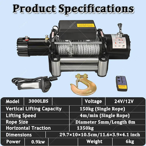 Heavy Duty Electric Winch Kit Pulls 6000 Lbs On Trucks And Jeeps With 24V Power, steel cable, and remote controller.