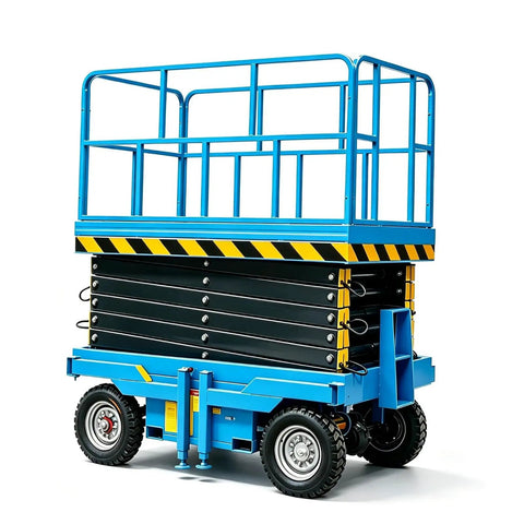 14 Meter Mobile Scissor Lift Heavy Duty Industrial Aerial Work Platform with blue chassis and guardrails, designed for safe aerial access.