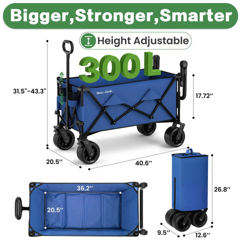 Foldable Push And Pull Beach Wagon With Dual Handles And All Terrain Wheels 500 Lb Capacity Collapsible Utility Cart, blue