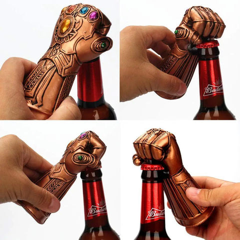Infinity Gauntlet Bottle Opener Multipurpose Party Tool For Home Use Dope Thanos Style Resin And Metal Construction With Copper Finish Glass Cap Remover Beer And Soda Bottle Topper Gadget For Kitchen And Bar in action opening beer bottles.