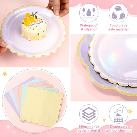 Iridescent Pastel Party Plates And Napkins Set For 24 Guests with floral design and cake on plate, showcasing disposable features.