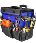 Big Rolling Tool Storage Bag Case With Wheels, mobile travel toolbox organizer, packed with tools, dual zipper, blue and black design.