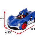 Sonic The Hedgehog RC Car With Turbo Boost, 2.4GHz Wireless Remote, Working Lights, Adjustable Front Wheel Alignment, scale dimensions shown
