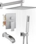 Luxurious Dope Shower Faucet Set With Rain Shower Head And Handheld 10 Inch Square Brushed Nickel Wall Mount Mixer Three Function Waterfall Tub Spout Spa Quality Bath System For Modern Bathrooms, showcasing all components.