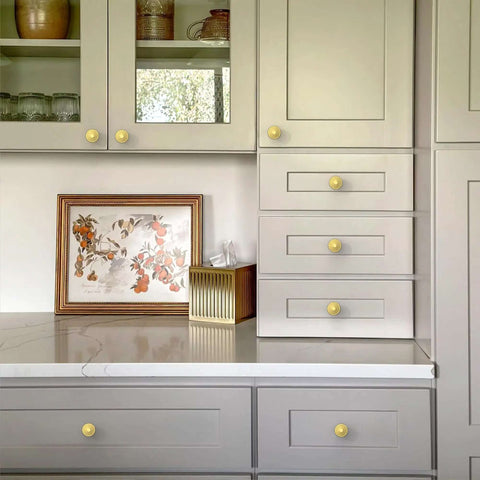 Kitchen cabinets with Beefy Heavy Duty Zinc Alloy Brushed Gold Cabinet Knobs One Point Three Inch Hole Centers 32mm 10 Pack.