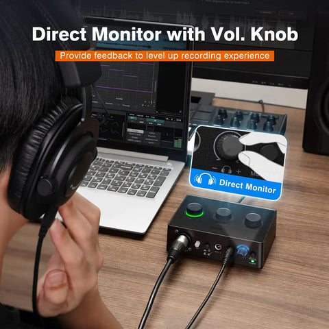 PC Audio Mixer USB Interface For Streaming And Podcasting With XLR And Instrument Inputs 48V Phantom Power Gain Knob in use