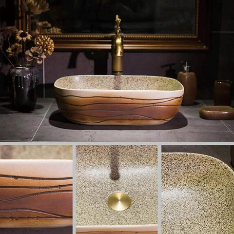 Slick Vintage Rectangular Vessel Sink For Above Counter Vanities, 16 Inch Porcelain Ceramic Wash Basin With Tough High Gloss Glaze, Hassle Free Cleanup Bathroom Art Basin Brings The Heat, showing unique sink design with textured finish.