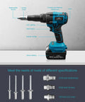 BOQNZN Cordless Rivet Gun Kit With Dual Rechargeable Batteries And Fast Charger For Auto Body Repair Metal Sheet Work. Features replaceable nozzle and LED lighting.