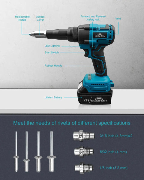 BOQNZN Cordless Rivet Gun Kit With Dual Rechargeable Batteries And Fast Charger For Auto Body Repair Metal Sheet Work. Features replaceable nozzle and LED lighting.