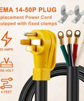 Heavy Duty Nema 14-50 Range Power Cord Stove Dryer Plug And Play 6 Awg 4 Wire Pigtail with yellow plug and colored wires.