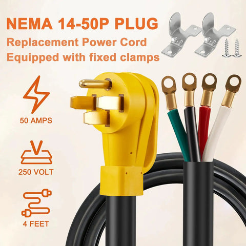 Heavy Duty Nema 14-50 Range Power Cord Stove Dryer Plug And Play 6 Awg 4 Wire Pigtail with yellow plug and colored wires.