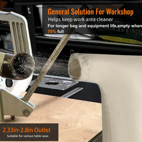 Extra Large Table Saw Dust Collector Bag Universal Fit For 10 Inch Power Tools With 2.5 Inch Port Hookup No Sweat Cleanup System beige bag collecting sawdust.