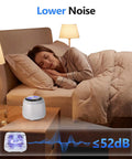 Woman sleeping peacefully by 48 kHz ultrasonic retainer cleaner, demonstrating lower noise at <52dB.