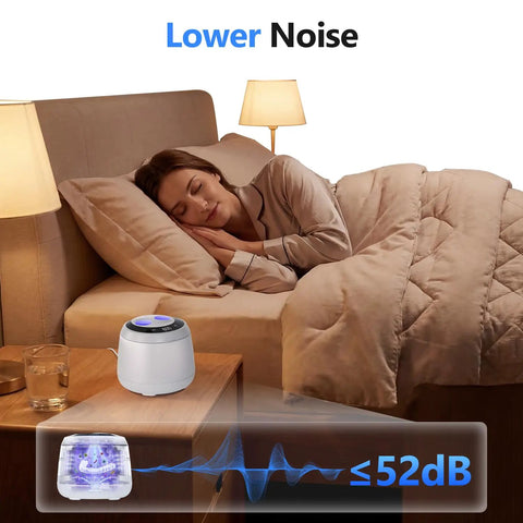 Woman sleeping peacefully by 48 kHz ultrasonic retainer cleaner, demonstrating lower noise at <52dB.