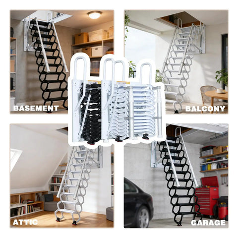 Wall Mounted Folding Loft Ladder With Armrests Retractable Attic Stairs 12 Steps Telescoping Pulldown System For Easy Attic Access White Durable Build in attic and garage